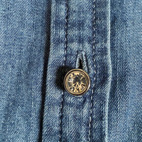 Talbots Petite ruffle neck long sleeve denim popover top women's size SP - Picture 8 of 10